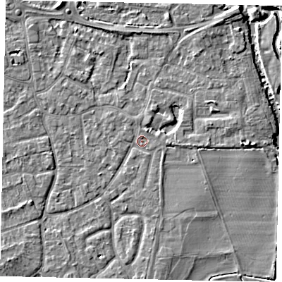 Shaded relief map of the ground around KT147EG, computed from Environment Agency LiDAR. The ground here sits at about 16 m above sea level and falls 6 m across the surrounding 800 m. Surface water reaching this point runs off ground lying to the north-north-east, 1.5 m higher.