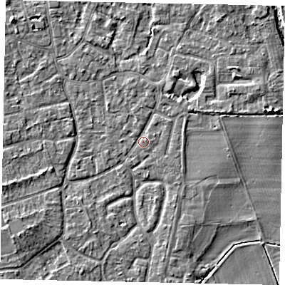 Shaded relief map of the ground around KT147EH, computed from Environment Agency LiDAR. The ground here sits at about 16 m above sea level and falls 6 m across the surrounding 800 m. Surface water reaching this point runs off ground lying to the north-north-east, 1.5 m higher.