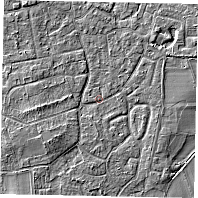 Shaded relief map of the ground around KT147EJ, computed from Environment Agency LiDAR. The ground here sits at about 16 m above sea level and falls 4 m across the surrounding 800 m. Surface water reaching this point runs off ground lying to the south-west, 2.7 m higher.