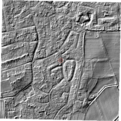 Shaded relief map of the ground around KT147EL, computed from Environment Agency LiDAR. The ground here sits at about 16 m above sea level and falls 4 m across the surrounding 800 m. Surface water reaching this point runs off ground lying to the south-south-west, 2.3 m higher.