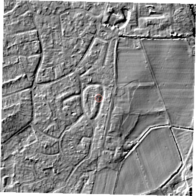 Shaded relief map of the ground around KT147EN, computed from Environment Agency LiDAR. The ground here sits at about 16 m above sea level and falls 6 m across the surrounding 800 m. Surface water reaching this point runs off ground lying to the south-east, 1.1 m higher.