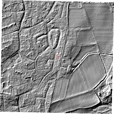 Shaded relief map of the ground around KT147EP, computed from Environment Agency LiDAR. The ground here sits at about 17 m above sea level and falls 4 m across the surrounding 800 m. Surface water reaching this point runs off ground lying to the north-east, 1.1 m higher.