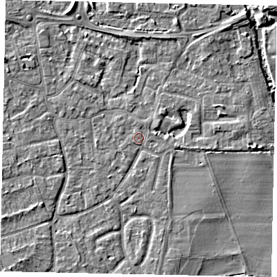 Shaded relief map of the ground around KT147EQ, computed from Environment Agency LiDAR. The ground here sits at about 16 m above sea level and falls 6 m across the surrounding 800 m. Surface water reaching this point runs off ground lying to the east-north-east, 1.5 m higher.