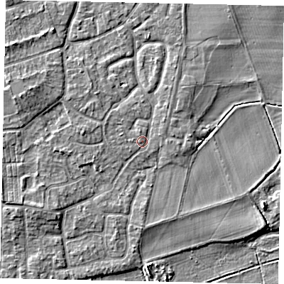Shaded relief map of the ground around KT147ER, computed from Environment Agency LiDAR. The ground here sits at about 17 m above sea level and falls 4 m across the surrounding 800 m. Surface water reaching this point runs off ground lying to the west-north-west, 0.8 m higher.