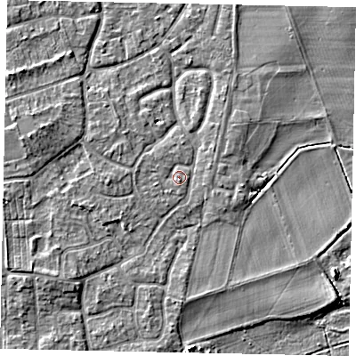 Shaded relief map of the ground around KT147ES, computed from Environment Agency LiDAR. The ground here sits at about 17 m above sea level and falls 4 m across the surrounding 800 m. Surface water reaching this point runs off ground lying to the west, 0.9 m higher.
