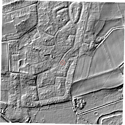 Shaded relief map of the ground around KT147ET, computed from Environment Agency LiDAR. The ground here sits at about 16 m above sea level and falls 5 m across the surrounding 800 m. Surface water reaching this point runs off ground lying to the north-west, 3.1 m higher.