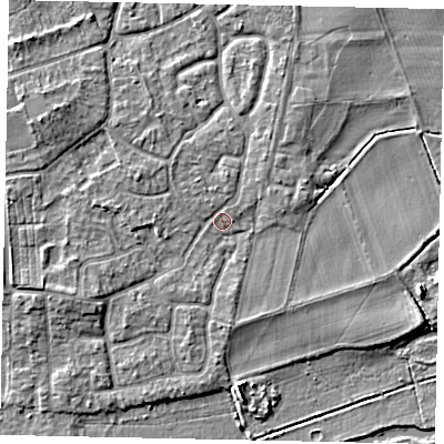 Shaded relief map of the ground around KT147EU, computed from Environment Agency LiDAR. The ground here sits at about 16 m above sea level and falls 4 m across the surrounding 800 m. Surface water reaching this point runs off ground lying to the west-north-west, 3.1 m higher.