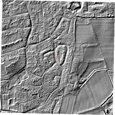 Shaded relief map of the ground around KT147EW, computed from Environment Agency LiDAR. The ground here sits at about 16 m above sea level and falls 4 m across the surrounding 800 m. Surface water reaching this point runs off ground lying to the south-west, 2.3 m higher.