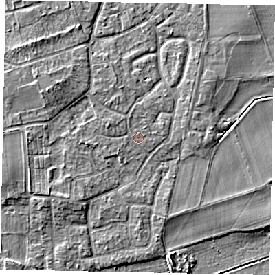 Shaded relief map of the ground around KT147EX, computed from Environment Agency LiDAR. The ground here sits at about 17 m above sea level and falls 4 m across the surrounding 800 m. Surface water reaching this point runs off ground lying to the west-north-west, 2.9 m higher.
