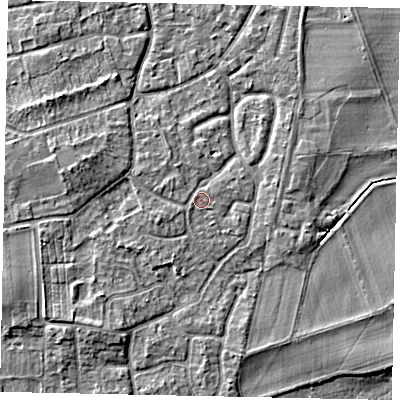 Shaded relief map of the ground around KT147EY, computed from Environment Agency LiDAR. The ground here sits at about 17 m above sea level and falls 4 m across the surrounding 800 m. Surface water reaching this point runs off ground lying to the west-south-west, 1.1 m higher.