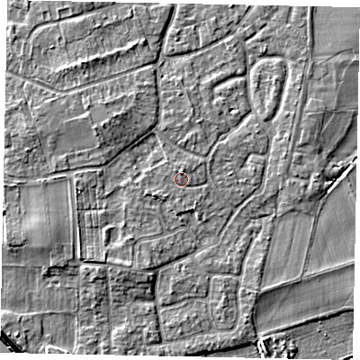 Shaded relief map of the ground around KT147EZ, computed from Environment Agency LiDAR. The ground here sits at about 17 m above sea level and falls 7 m across the surrounding 800 m. Surface water reaching this point runs off ground lying to the north-west, 2.9 m higher.