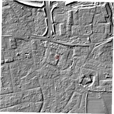 Shaded relief map of the ground around KT147FJ, computed from Environment Agency LiDAR. The ground here sits at about 16 m above sea level and falls 9 m across the surrounding 800 m. Surface water reaching this point runs off ground lying to the south-south-west, 1.6 m higher.
