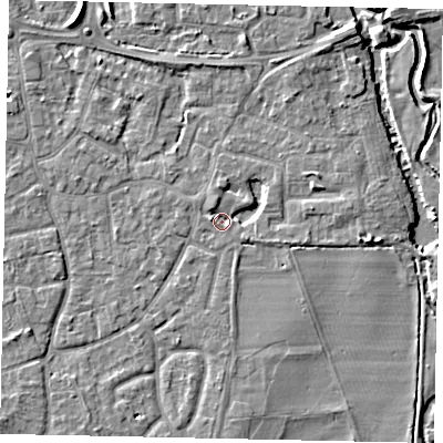 Shaded relief map of the ground around KT147GN, computed from Environment Agency LiDAR. The ground here sits at about 16 m above sea level and falls 6 m across the surrounding 800 m. Surface water reaching this point runs off ground lying to the south-east, 2.3 m higher.