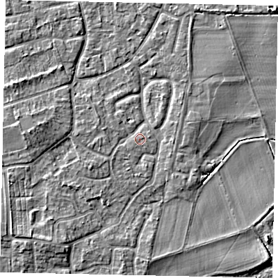 Shaded relief map of the ground around KT147HB, computed from Environment Agency LiDAR. The ground here sits at about 17 m above sea level and falls 4 m across the surrounding 800 m. Surface water reaching this point runs off ground lying to the west-south-west, 1.4 m higher.