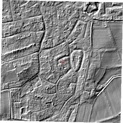Shaded relief map of the ground around KT147HE, computed from Environment Agency LiDAR. The ground here sits at about 16 m above sea level and falls 4 m across the surrounding 800 m. Surface water reaching this point runs off ground lying to the south-south-west, 2.3 m higher.
