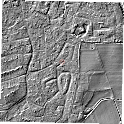 Shaded relief map of the ground around KT147HH, computed from Environment Agency LiDAR. The ground here sits at about 16 m above sea level and falls 6 m across the surrounding 800 m. Surface water reaching this point runs off ground lying to the south-south-west, 2.3 m higher.