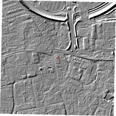 Shaded relief map of the ground around KT147HJ, computed from Environment Agency LiDAR. The ground here sits at about 16 m above sea level and falls 9 m across the surrounding 800 m. Surface water reaching this point runs off ground lying to the west-south-west, 3.6 m higher.