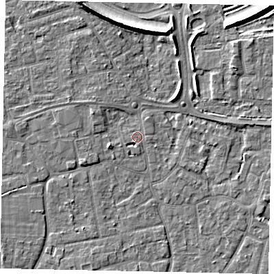 Shaded relief map of the ground around KT147HP, computed from Environment Agency LiDAR. The ground here sits at about 16 m above sea level and falls 8 m across the surrounding 800 m. Surface water reaching this point runs off ground lying to the south-south-west, 3.2 m higher.