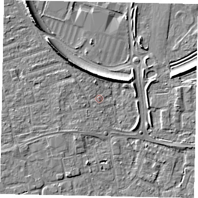 Shaded relief map of the ground around KT147HR, computed from Environment Agency LiDAR. The ground here sits at about 16 m above sea level and falls 8 m across the surrounding 800 m. Surface water reaching this point runs off ground lying to the north-west, 6.4 m higher.