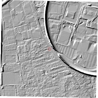 Shaded relief map of the ground around KT147JF, computed from Environment Agency LiDAR. The ground here sits at about 16 m above sea level and falls 8 m across the surrounding 800 m. Surface water reaching this point runs off ground lying to the east-north-east, 5.4 m higher.