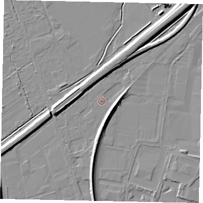 Shaded relief map of the ground around KT147LF, computed from Environment Agency LiDAR. The ground here sits at about 16 m above sea level and falls 8 m across the surrounding 800 m. Surface water reaching this point runs off ground lying to the west, 6.8 m higher.