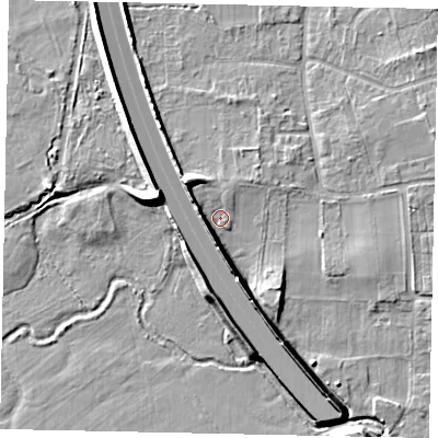 Shaded relief map of the ground around KT147NE, computed from Environment Agency LiDAR. The ground here sits at about 18 m above sea level and falls 10 m across the surrounding 800 m. Surface water reaching this point runs off ground lying to the north-west, 7.7 m higher.