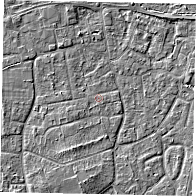 Shaded relief map of the ground around KT147PG, computed from Environment Agency LiDAR. The ground here sits at about 16 m above sea level and falls 5 m across the surrounding 800 m. Surface water reaching this point runs off ground lying to the west-south-west, 1.4 m higher.