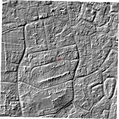 Shaded relief map of the ground around KT147PH, computed from Environment Agency LiDAR. The ground here sits at about 16 m above sea level and falls 5 m across the surrounding 800 m. Surface water reaching this point runs off ground lying to the west-south-west, 1.3 m higher.