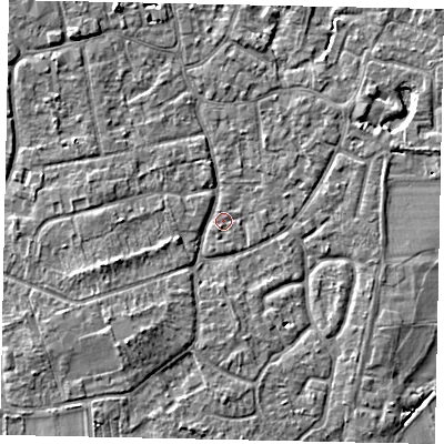 Shaded relief map of the ground around KT147PL, computed from Environment Agency LiDAR. The ground here sits at about 16 m above sea level and falls 5 m across the surrounding 800 m. Surface water reaching this point runs off ground lying to the south-south-west, 0.7 m higher.