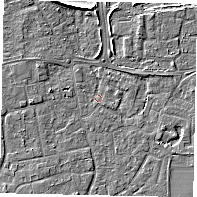 Shaded relief map of the ground around KT147PN, computed from Environment Agency LiDAR. The ground here sits at about 16 m above sea level and falls 8 m across the surrounding 800 m. Surface water reaching this point runs off ground lying to the west, 2.7 m higher.