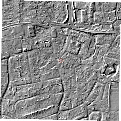 Shaded relief map of the ground around KT147PP, computed from Environment Agency LiDAR. The ground here sits at about 16 m above sea level and falls 5 m across the surrounding 800 m. Surface water reaching this point runs off ground lying to the north-west, 2.5 m higher.