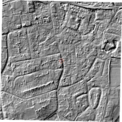 Shaded relief map of the ground around KT147PQ, computed from Environment Agency LiDAR. The ground here sits at about 16 m above sea level and falls 5 m across the surrounding 800 m. Surface water reaching this point runs off ground lying to the south-south-west, 3.5 m higher.