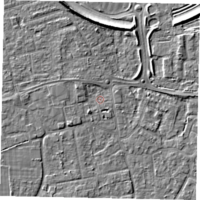 Shaded relief map of the ground around KT147PR, computed from Environment Agency LiDAR. The ground here sits at about 16 m above sea level and falls 8 m across the surrounding 800 m. Surface water reaching this point runs off ground lying to the south-east, 3.2 m higher.