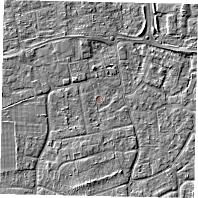 Shaded relief map of the ground around KT147PS, computed from Environment Agency LiDAR. The ground here sits at about 16 m above sea level and falls 5 m across the surrounding 800 m. Surface water reaching this point runs off ground lying to the west-north-west, 0.9 m higher.