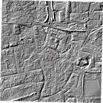 Shaded relief map of the ground around KT147PT, computed from Environment Agency LiDAR. The ground here sits at about 16 m above sea level and falls 5 m across the surrounding 800 m. Surface water reaching this point runs off ground lying to the north-east, 1.1 m higher.