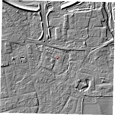Shaded relief map of the ground around KT147PW, computed from Environment Agency LiDAR. The ground here sits at about 16 m above sea level and falls 10 m across the surrounding 800 m. Surface water reaching this point runs off ground lying to the east-south-east, 2.6 m higher.