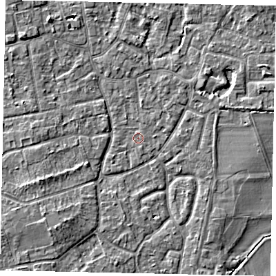 Shaded relief map of the ground around KT147PY, computed from Environment Agency LiDAR. The ground here sits at about 16 m above sea level and falls 5 m across the surrounding 800 m. The ground contributing surface water to this point lies to the east-north-east.