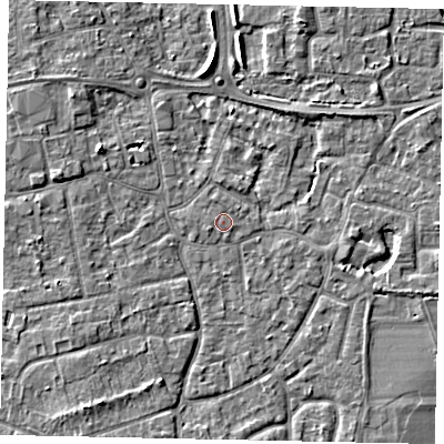 Shaded relief map of the ground around KT147QD, computed from Environment Agency LiDAR. The ground here sits at about 16 m above sea level and falls 5 m across the surrounding 800 m. Surface water reaching this point runs off ground lying to the north-north-west, 0.5 m higher.