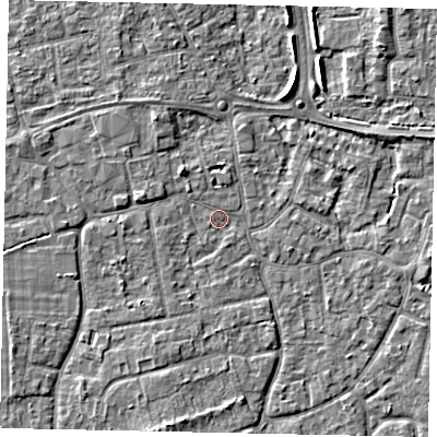 Shaded relief map of the ground around KT147QT, computed from Environment Agency LiDAR. The ground here sits at about 16 m above sea level and falls 5 m across the surrounding 800 m. Surface water reaching this point runs off ground lying to the south-south-west, 1.4 m higher.