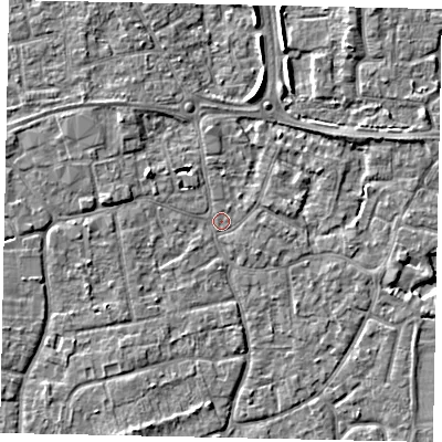 Shaded relief map of the ground around KT147QX, computed from Environment Agency LiDAR. The ground here sits at about 16 m above sea level and falls 5 m across the surrounding 800 m. Surface water reaching this point runs off ground lying to the west-north-west, 2.5 m higher.