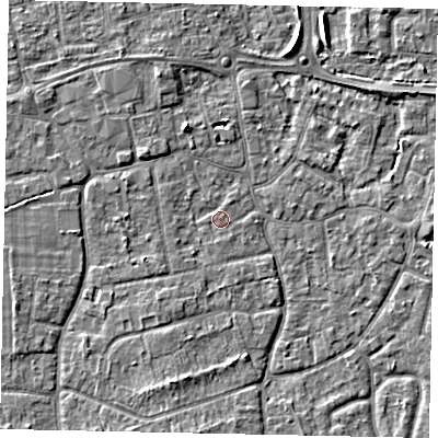 Shaded relief map of the ground around KT147QY, computed from Environment Agency LiDAR. The ground here sits at about 16 m above sea level and falls 5 m across the surrounding 800 m. Surface water reaching this point runs off ground lying to the south-south-west, 2.5 m higher.