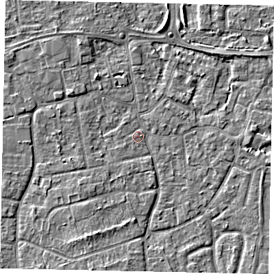 Shaded relief map of the ground around KT147QZ, computed from Environment Agency LiDAR. The ground here sits at about 16 m above sea level and falls 5 m across the surrounding 800 m. Surface water reaching this point runs off ground lying to the south-south-west, 2.9 m higher.
