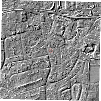 Shaded relief map of the ground around KT147RA, computed from Environment Agency LiDAR. The ground here sits at about 16 m above sea level and falls 5 m across the surrounding 800 m. Surface water reaching this point runs off ground lying to the south-south-west, 3.5 m higher.
