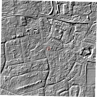 Shaded relief map of the ground around KT147RB, computed from Environment Agency LiDAR. The ground here sits at about 16 m above sea level and falls 5 m across the surrounding 800 m. Surface water reaching this point runs off ground lying to the west, 1.0 m higher.