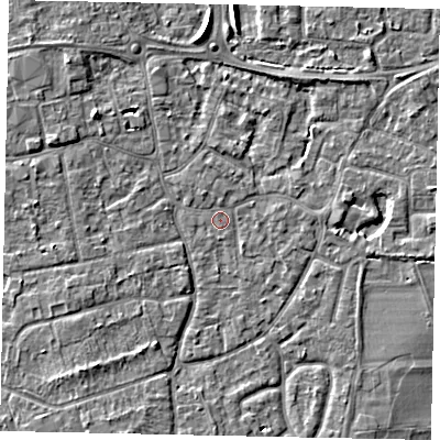 Shaded relief map of the ground around KT147RD, computed from Environment Agency LiDAR. The ground here sits at about 16 m above sea level and falls 5 m across the surrounding 800 m. Surface water reaching this point runs off ground lying to the south-east, 0.9 m higher.