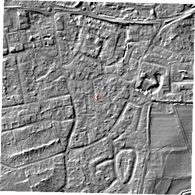 Shaded relief map of the ground around KT147RE, computed from Environment Agency LiDAR. The ground here sits at about 16 m above sea level and falls 5 m across the surrounding 800 m. Surface water reaching this point runs off ground lying to the north-west, 0.9 m higher.