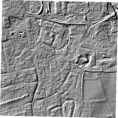 Shaded relief map of the ground around KT147RG, computed from Environment Agency LiDAR. The ground here sits at about 16 m above sea level and falls 6 m across the surrounding 800 m. Surface water reaching this point runs off ground lying to the east, 0.9 m higher.