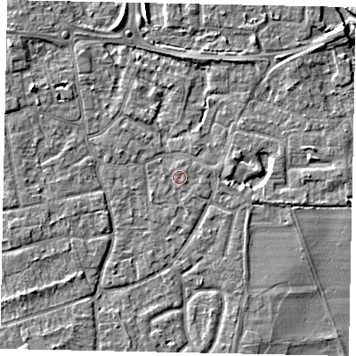 Shaded relief map of the ground around KT147RH, computed from Environment Agency LiDAR. The ground here sits at about 16 m above sea level and falls 6 m across the surrounding 800 m. Surface water reaching this point runs off ground lying to the east-north-east, 0.8 m higher.