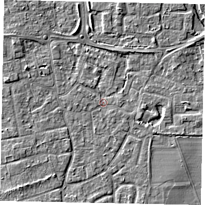 Shaded relief map of the ground around KT147RJ, computed from Environment Agency LiDAR. The ground here sits at about 16 m above sea level and falls 6 m across the surrounding 800 m. Surface water reaching this point runs off ground lying to the west, 1.3 m higher.
