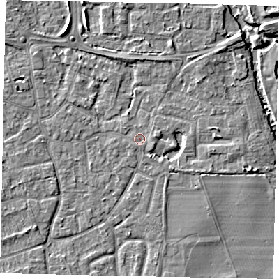 Shaded relief map of the ground around KT147RL, computed from Environment Agency LiDAR. The ground here sits at about 16 m above sea level and falls 6 m across the surrounding 800 m. Surface water reaching this point runs off ground lying to the east-north-east, 1.1 m higher.